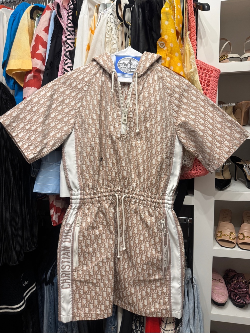 Christian Dior Pink Logo Jacquard All-Over Print Hooded Short-Sleeve Dress Sz 4